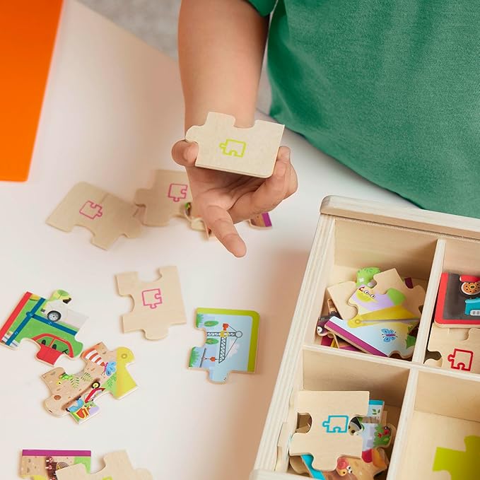 B. toys- Pack o' Puzzles 3-Pack - Pets, Dinos & Trucks- Wooden Puzzle Box Set – 3 Puzzle Boxes, 12 Puzzles – 4 Dinos, 4 Pets, 4 Trucks – 12-Piece Jigsaw Puzzles for Kids – 3 Years +