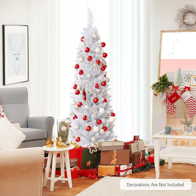 Happygrill 6FT White Pencil Christmas Tree Artificial Slim Christmas Tree Skinny Xmas Tree with Folding Metal Stand & PVC Material, Realistic Unlit Pine Tree with 340 Branch Tips for Indoor Outdoor