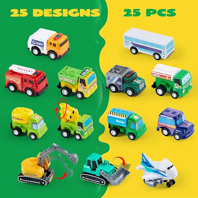 JOYIN 25 Pieces Pull Back Cars and Trucks Toy Vehicles Set for Toddlers, Girls and Boys Kids Play Set, Die-Cast Car, Kids Party Favors, Easter Stocking Stuffers, Birthday Gift