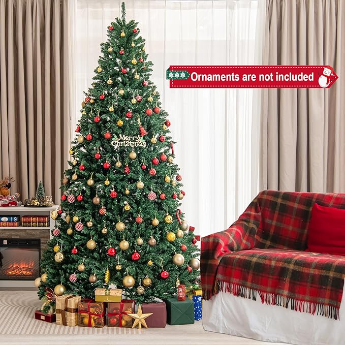 GOFLAME 9 FT Artificial Christmas Tree, Hinged Xmas Tree with 3594 PVC Branch Tips and Folding Metal Stand, Lifelike Christmas Decoration Tree for Home, Office, School, Easy Setup, Green