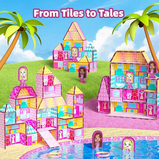 GobiDex Princess Magnetic Doll House Building Toys for Girls 3+, Pink Magnet Tiles for Kids Ages 4-8 STEM Sensory Toys for Toddlers Birthday Gifts for Girls 3+ Year Old