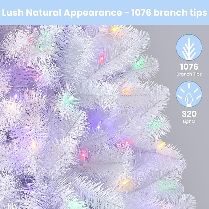 SHareconn 7ft Prelit Premium Artificial Classic Spruce Christmas Tree, 320 Warm White & Color LED Changing Lights, 1076 Branch Tips, Perfect Choice for Xmas Decoration,7 FT, White