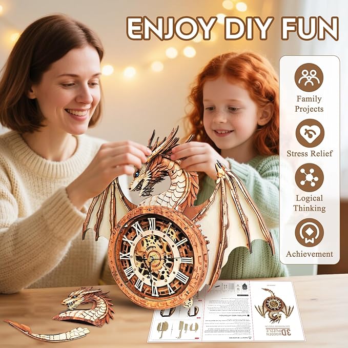 3D Puzzle for Adults Clock-Dragon Design Model Kit-Mechanical DIY Pendulum Clock with Roman Numerals-Desk Office Home Decor Personalized Gift for DIY Lovers