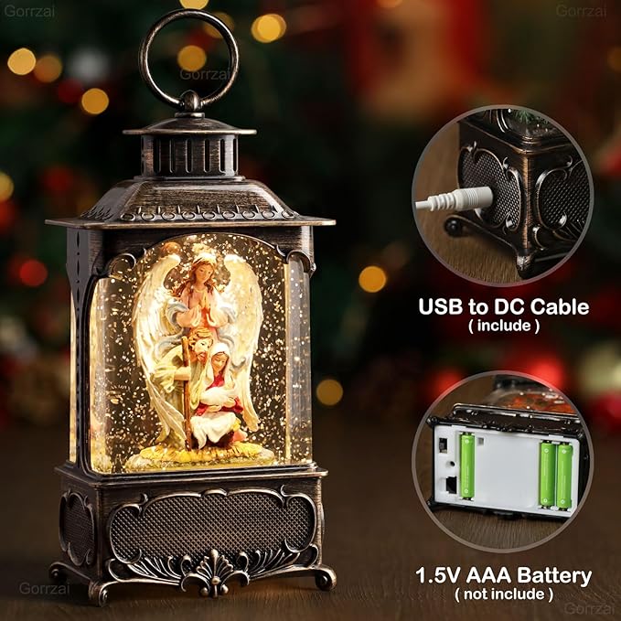 Nativity Snow Globe Angel Christmas Snow Globe Lantern, Lighted Musical Christmas Decorations Indoor for Home with Music 6H Timer Swirling Glitter, Jesus, USB or Battery Operated