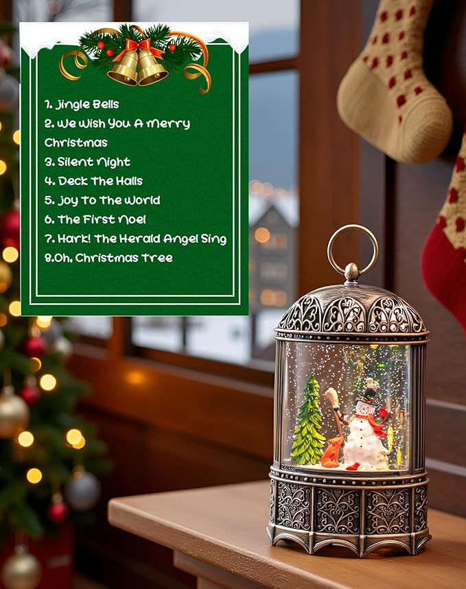 11" Christmas Snow Globe Lantern Winter Home Decor Rotating Snowflakes with Music and Timer Function USB or Battery Powered (Snowman)