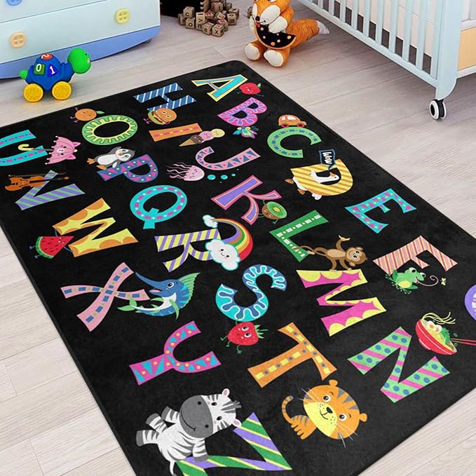 ABC Alphabet Rug, Classroom Playmat Rugs - 5x7 Ft Kids Carpet with Rubber Backing, Colorful Cartoon Letters Kids Play Mat Nursery Rugs for Toddlers Children Bedroom Playroom - Black
