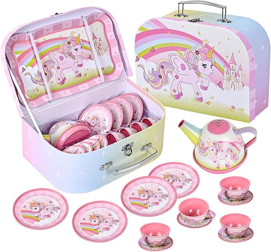 Unicorn Tea Party Set for Little Girls Ages 3-6, 15-Piece Pretend Play Kitchen Toys with Teapot, Cups, Plates & Storage Case, Princess Gift Set