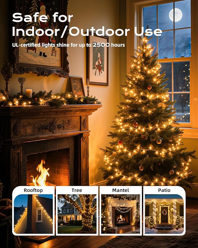 Brightown Clear Christmas String Lights, 200-Count 51.5ft Incandescent Bulb Mini Lights for Indoor Holiday Decor, Christmas Tree Garland Wedding Party Multi-Use Festival Decoration, White Wire