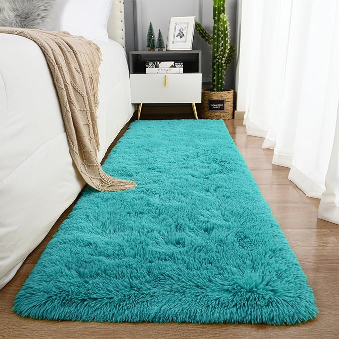 Ompaa Fluffy Runner Rugs, 2x6 Feet Teal Blue, Super Soft Shaggy Carpet Fuzzy Long Fur Rug for Bedroom Living Room Dorm, Plush Kids Playroom Baby Girls Nursery Decor Mats
