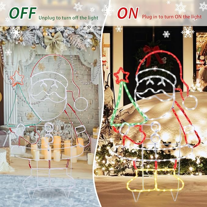 Outdoor Christmas Santa Decoration Christmas Lighted Santa Clause with Tree Neon Rope 204 LED Lights Decoration for Xmas Home Pathway Lawn Party Display