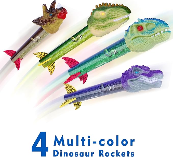 Dinosaur Toy Rocket Launcher for Kids - Launch Up to 100 Ft, 4 Rockets, Outdoor Outside Toys for Kids, Dinosaur Toys, Birthday Gifts for 3 4 5 6 7 8-12 Year Old Boys Girls