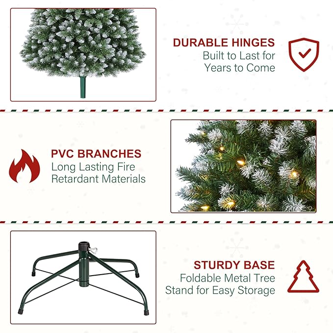 6 ft Lighted Artificial Snow Flocked Christmas Tree, 250 LED Warm White Lights, 1032 PVC Branch Tips, Easy Assembly for Indoor Holiday Decorating