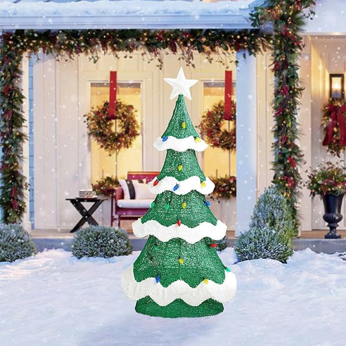 Glitzhome 56.25" H Lighted Christmas 3D Mesh Tree, Outdoor Decor with Colorful Long-Lasting Bulbs Holiday Lawn Ornament Yard Decoration Outdoor and Indoor use Long Lasting, 171 Green LED Lights