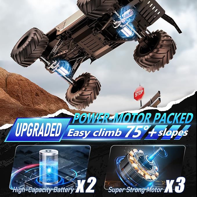 INGQU® 1:8 Big Monster Truck Toys, XXX-Large Alloy 4WD Off Road Remote Control Truck with 3 Powerful Motors LED Headlight, 2.4GHz All Terrain Rock Crawler RC Truck for Boys Kids Age 6 7 8 9 10-12+