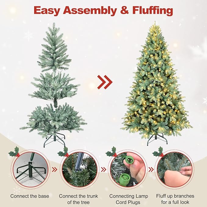 7.5 Ft Pre-Lit Artificial Christmas Tree, w/ 550 LED Warm Lights, 2148 PE&PVC Mixed Branch Tips, Faux Xmas Tree for Home, Office, Party Decoration, Easy Assembly, Metal Hinges & Foldable Base