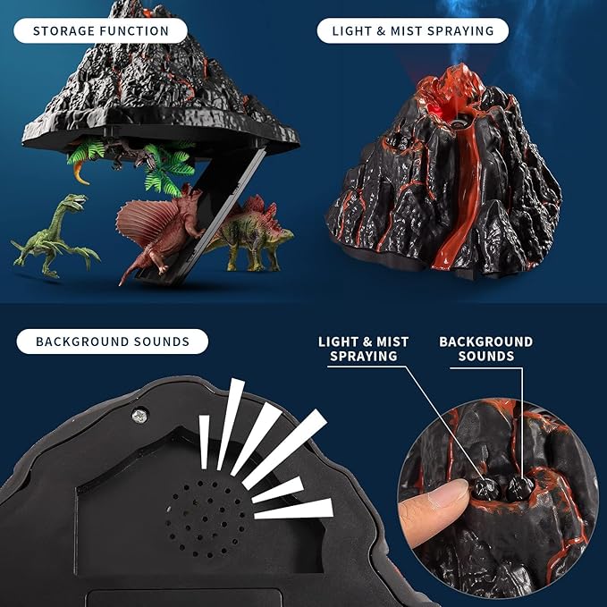 Large Volcano Set with 9 Realistic Dinosaur Action Figures for Kids 2 3 4 5 6 8 10 Years, Simulated Volcanic Eruptions w/Sounds, Volcano Can Store Dinos, Gift for Toddlers Boys & Girls