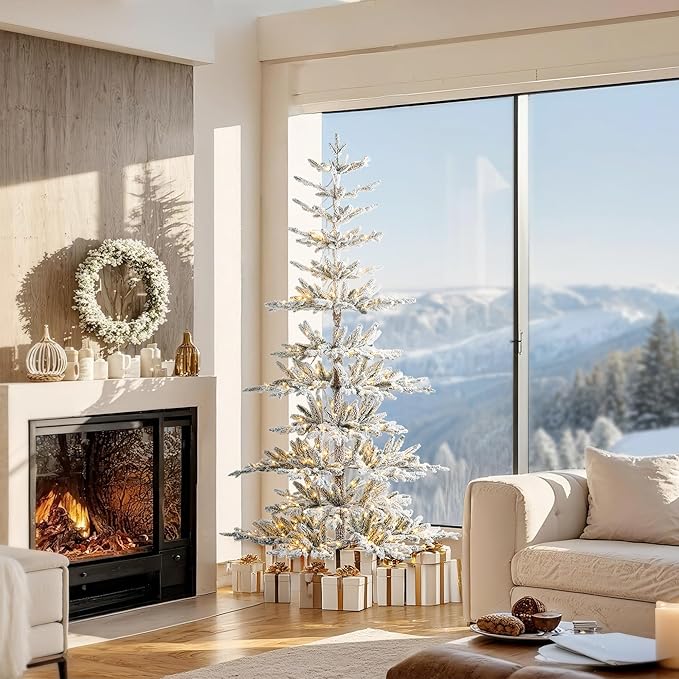 Glitzhome Flocked Christmas Tree, 7ft Pre-Lit Artificial Christmas Tree with 400 Warm White Lights, Deluxe Xmas Serene Snowscape Fir Tree with 1015 PE Tips and Sturdy Metal Stand,Easy Set Up