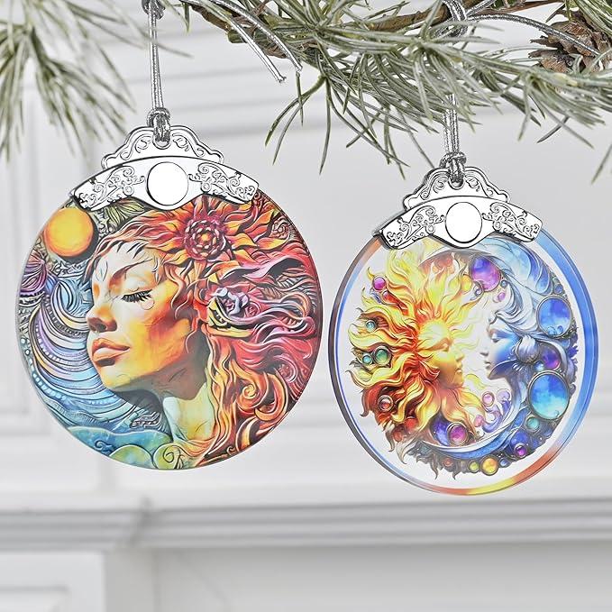 2025 Ornaments for Christmas Tree - Sun and Moon Stained Glass Christmas Tree Decorations Idea - Gift Exchange