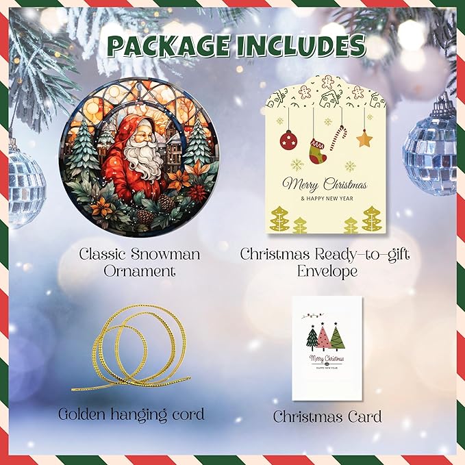 2025 Christmas Ornament – Vintage Santa Stained Glass Acrylic Ornament, Round Cathedral Window Design, Dated Navidad 2025 Decoration for Tree, Classic Holiday Santa Ornament Gift