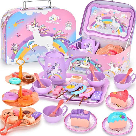 Unicorn Tea Party Set for Little Girls, Pretend Plastic Teapot Set, Princess Tea Time Play Kitchen Toy with Dessert, Carrying Case for Birthday Easter Gifts Kids Toddlers Age 3 4 5 6