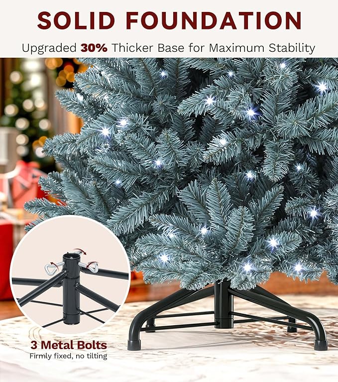 DWVO Prelit Christmas Tree 6ft, Colorado Blue Spruce Atificial Christmas Tree with 450 Cold LED Lights Includes Metal Stand, Green Full Xmas Trees with 880 Metal Hinged Branch Tips, for Home Party