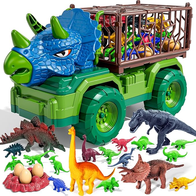22 in 1 Triceratops Dinosaur Truck Toys for Kids Boys Ages 3-5-7 4-8, Dino Carrier Truck with 18 Jurassic Dino Figures, 3 Dinosaur Eggs, 3 4 5 6 7 8 Year Old Toddler Boy Girl Birthday Gifts