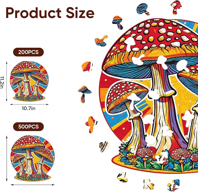 Mushroom Wooden Puzzles for Adults, 200 Piece Unique Shaped Wood Jigsaw Puzzles for Adults and Kids, Fun Challenging Puzzles Family Game Gift, Medium 11.2'' x 10.7'