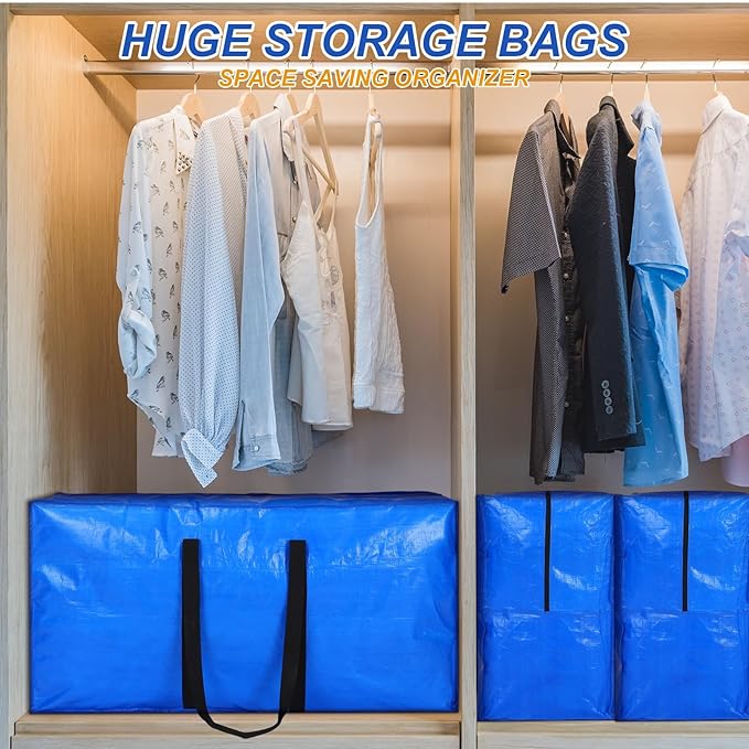 Windyun 4 Pack 57 Gallon Extra Large Storage Bags XXL Moving Bags with Zipper Handles Heavy Duty Jumbo Big Totes Box for Halloween Skeleton 4-12 Feet Christmas Tree Storage College Dorm Cloth (Blue)