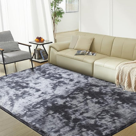 Ultra Soft Rug for Living Room, 9X12 Fluffy Shag Area Rug for Bedroom, Modern Shaggy Carpets Fuzzy Rug for Teens Dorm Nursery Home Decor Aesthetic, Upgrade Anti-Skid Durable, Tie Dye Black and Grey
