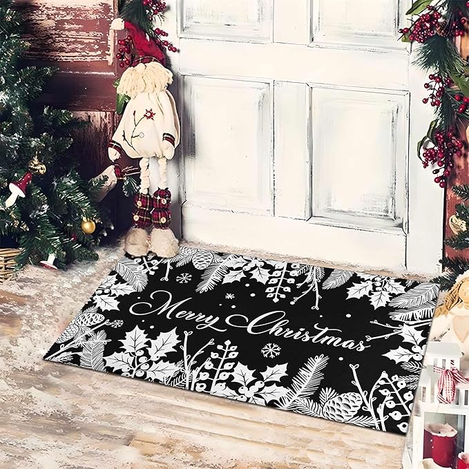 Black Christmas Doormat Outdoor Entrance Non-Slip Holly Pine Branches Pinecones Front Door Mat Merry Xmas Decor Washable Winter Welcome Doormat 17"x30" Christmas Decorations for Home Indoor Outdoor