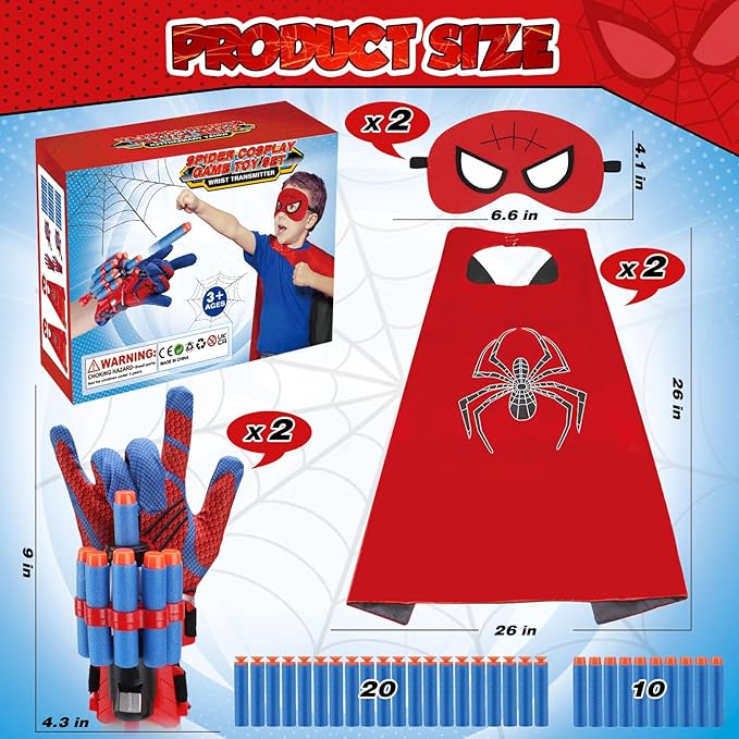 Superhero Wrist Shooter for Kids: 2 Sets Wrist Shoots Toys, Superhero Cosplay Toy Kids Capes and Mask Set Spider Toys for Boys 4-6, Role-Play Costume for Boys and Girls 3-8 Gifts