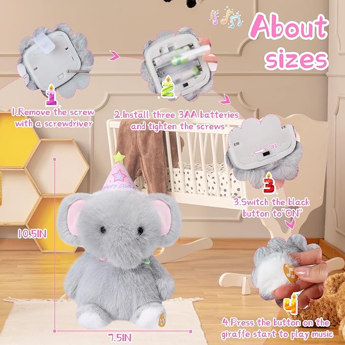 Birthday Elephant Plush Toy Clap Activated with Voice Recording Singing Dancing Interactive Stuffed Animal Gift for Toddler Kids Boys Girls