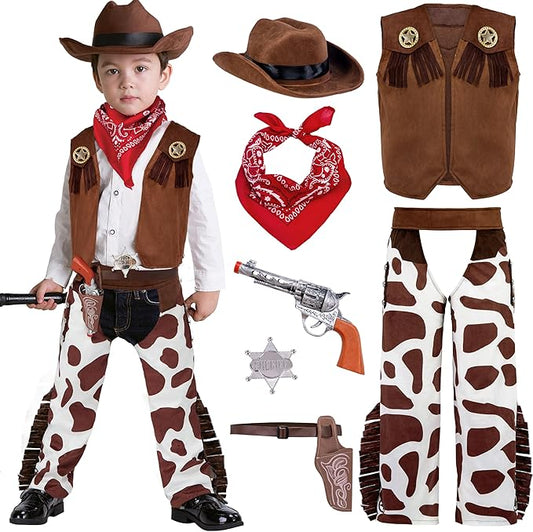 Spooktacular Creations Halloween Cowboy Costume for Boys, Kids Brown White Western Costume, Deluxe Cowboy Outfit Set with Hat for Toddler Halloween Dress-up, RolePlay Themed Party (Large, 10-12 yrs)