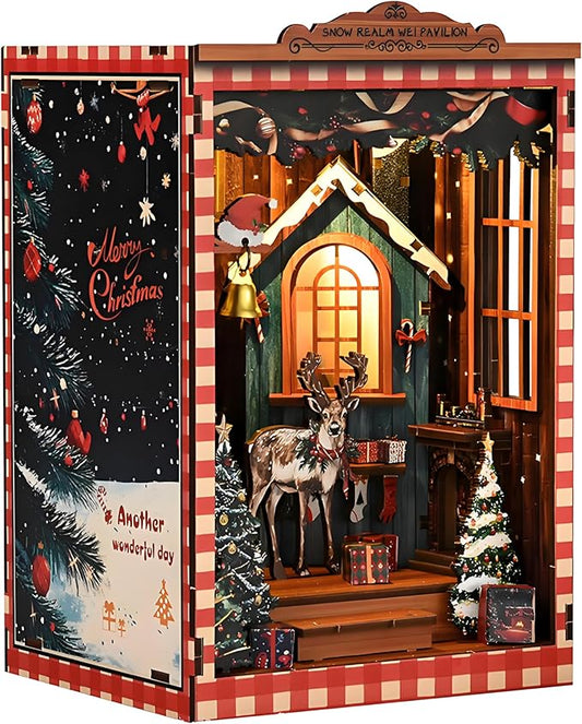 Miniature Christmas Book Nook Kits for Adults - DIY Tiny House 3D Wooden Puzzle Xmas Books,Beautiful Bookshelf Decoration for All Occasions(Christmas Snow Realm)