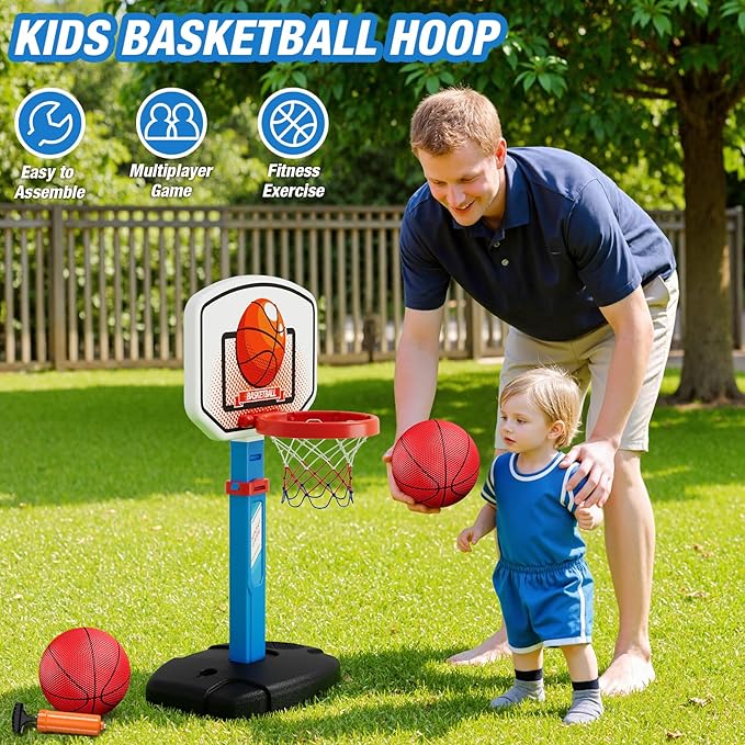 2 in 1 Kids Basketball Hoop and T Ball Set - Adjustable Height, Kids Baseball Tee with Automatic Pitching Machine, Indoor Outdoor Sport Toys Gifts for Toddler Boys Girls Age 1-5, Blue