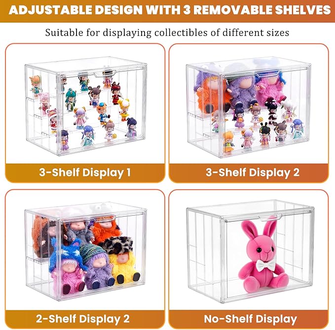 4 Tier Acrylic Display Case for Collectibles, Clear Adjustable Figure Display Case with Magnetic Door, Stackable Storage Box Showcase with 3 Shelves for Action Figures,Dolls,Toys, Large 1 Pack