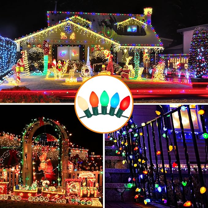 25FT C7 Ceramic Multicolor Christmas Lights Outdoor, Vintage Christmas Lights Green Wire with 25+2 Multicolored C7 Light Bulbs, Hanging String Light for Xmas Tree Home Yard Party Decor, 5W, E12 Base