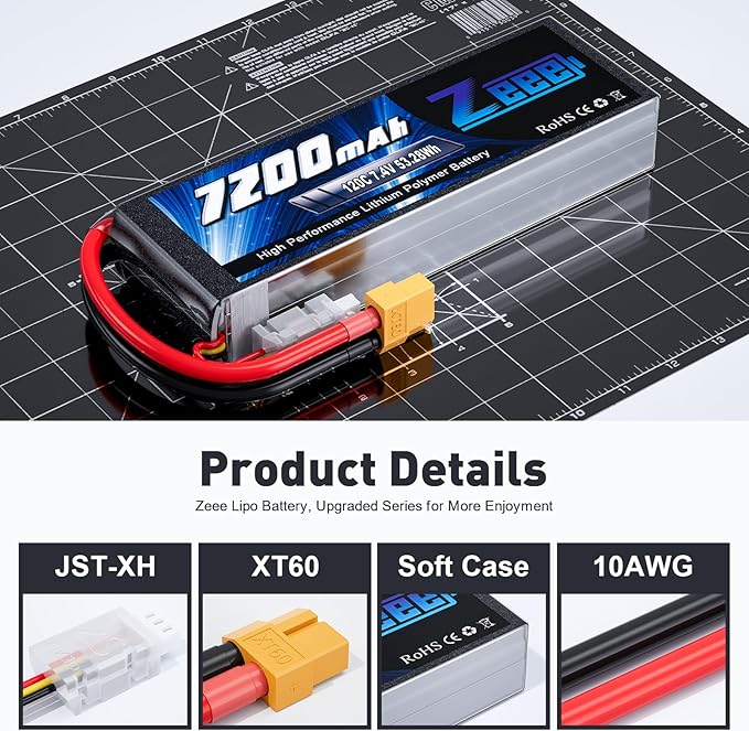 Zeee 2S Lipo Battery 7200mAh 7.4V 120C Soft Pack Battery with XT60 Connector for RC Car Truck RC Vehicles Truggy Buggy Tank Helicopter Airplane Racing Models(2 Pack)