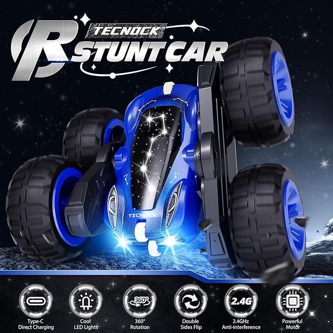Tecnock Remote Control Car, 2.4GHz RC Cars with USB-C Easy Charging, 4WD Double Sided 360° Rotates and Flips RC Stunt Car, Toys Gift for Boys and Girls Ages 6-8, 8-12