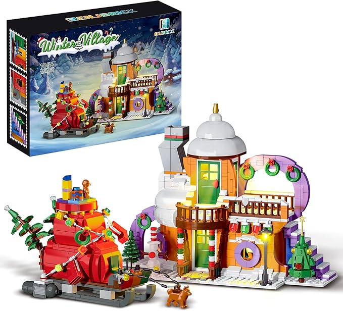 Christmas Holiday Snow House Building Toy Set with Lights,Compatible with Lego Chritmas Village,Xmas Gifts for Boys and Girls,Family 1224 pcs