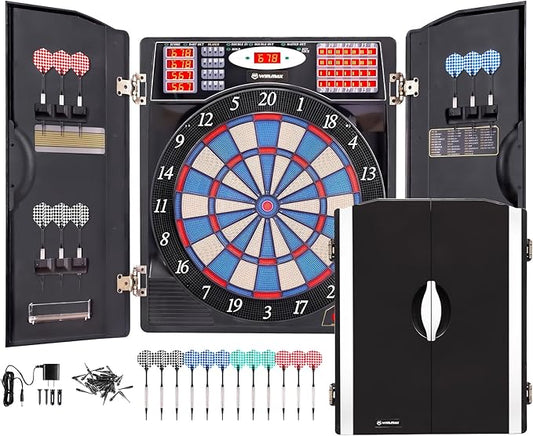 WIN.MAX Electronic Dart Board Cabinet Set, LED Electric Digital Soft Tip Dart Boards for Adults with Cabinet, up to 16 Players, 38 Games and 211 Variations with 12 Soft Tip Dartboard Set
