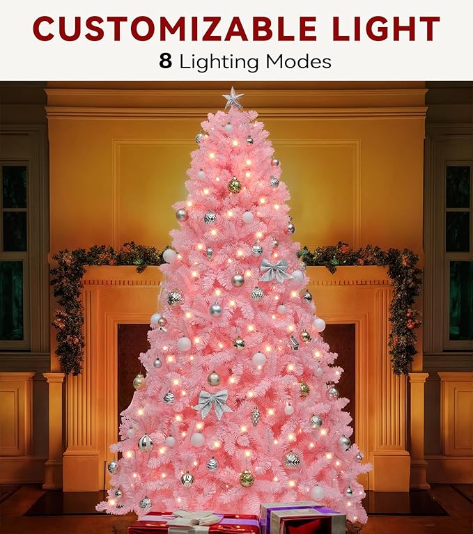 DWVO 6ft Pre-lit Christmas Tree with Lights, Pink Prelit Atificial Trees with 947 Tips & 250 UL Listed Lights, Automatic Branches & Easy Assembly for Home Party
