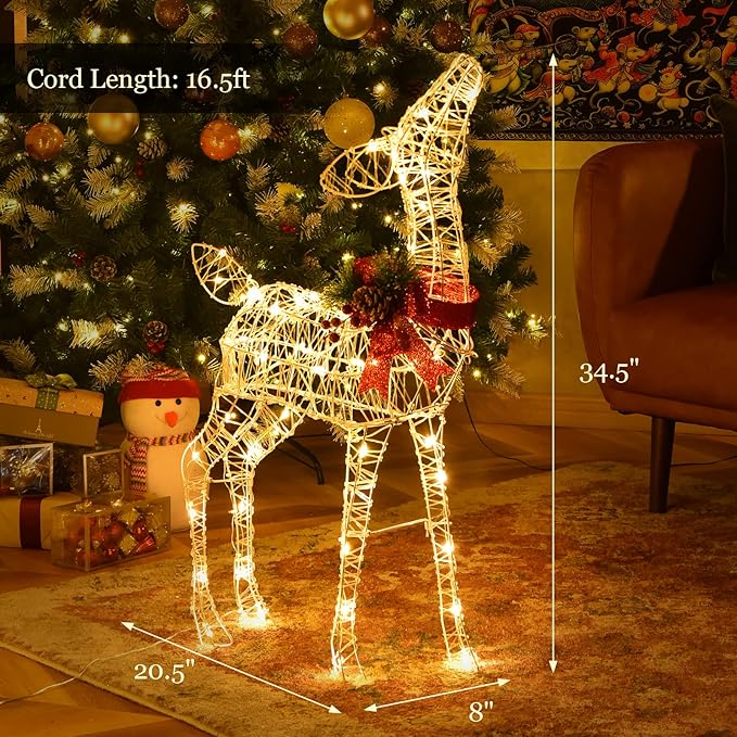 Tangkula Lighted Christmas Reindeer, Outdoor Yard Xmas Decorations with 50 LED Lights, Artificial Christmas Décor with Stakes and Zip Ties, Indoor/Outdoor Festive Holiday Decoration