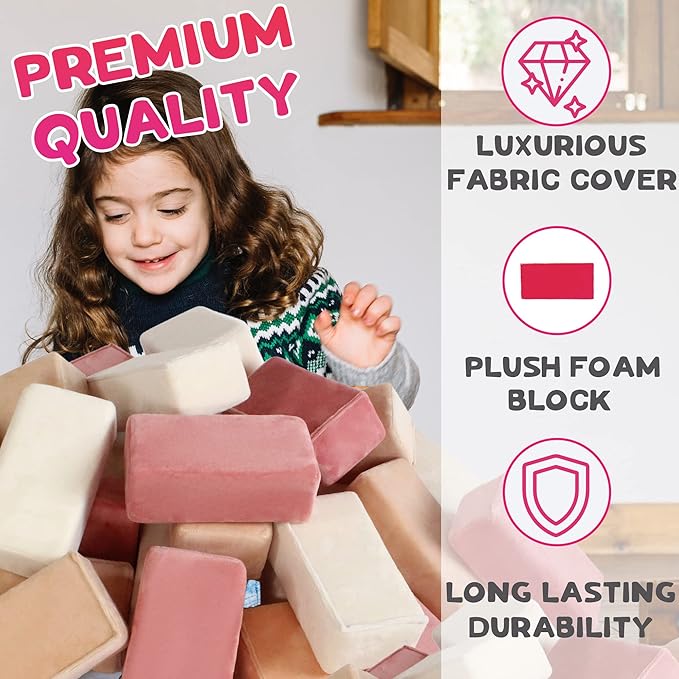 Set of 24 Soft Building Blocks for Kids - Fabric Covered Toy Foam Blocks for Stacking, Play Time, Making Structures - Promotes Gross Motor Skills - 8.25x4.25x3 (Rose Pack)