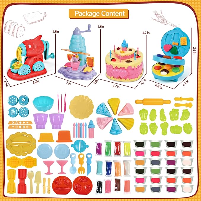 104 PCS 4 in 1 Color Dough Sets for Kids Ages 3-4-8, Dough Tools Accessories Kit, Ice Cream Playset Noodle Cookie Cake Maker, Pretend Play Kitchen Creations Food Toys Arts Crafts for Toddler Girl Boy