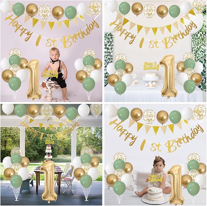 1st Birthday Decorations for Boys Girls, Sage Green White Gold Birthday Balloons with Happy 1st Birthday Banner First Birthday Cake Decoration Number 1 Balloon for Baby 1 Year Old Birthday Party Decor