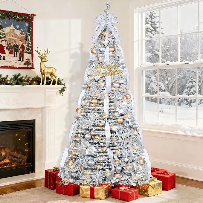 6 Ft Flocked Prelit Pop Up Christmas Tree with Timer & 8 Modes 200 Warm White Lights, Fully Pre-Decorated 80 Gold & Silver Ornaments Collapsible Pull up Xmas Tree with Lights for Indoor Home Decor