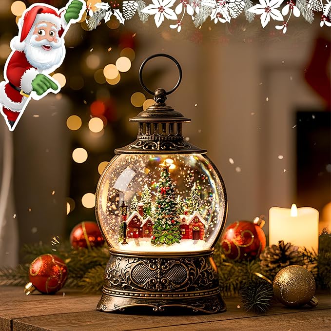 Christmas Village Snow Globe Lighted Christmas Tree and Village Scene, Musical Snow Water Lantern Swirling Glittering Home Decoration and Gift, Battery Operated or USB Powered