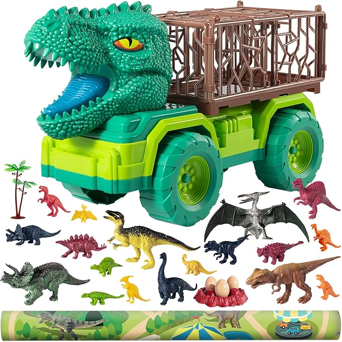 TEMI 25 in 1 Tyrannosaurus Kids Dinosaur Carrier Truck Set, Dinosaur Transport Car Toys for Kids 3-5 with Play Mat, 18 Dinosaur Figures, Eggs, Capture Dinosaurs Playset for 3 4 5 6 7+ Year Old