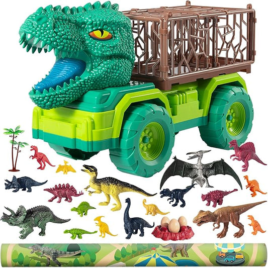 TEMI 25 in 1 Tyrannosaurus Kids Dinosaur Carrier Truck Set, Dinosaur Transport Car Toys for Kids 3-5 with Play Mat, 18 Dinosaur Figures, Eggs, Capture Dinosaurs Playset for 3 4 5 6 7+ Year Old